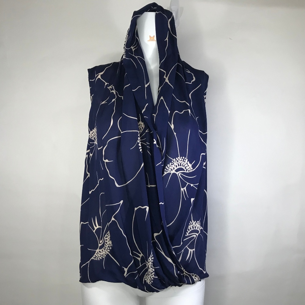 Parker Sleeveless Wrap Front Blouse Blue Tan XS